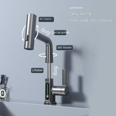 Digital Display Faucet Pull-out Basin Faucet Temperature and Rotation Head Woodneed