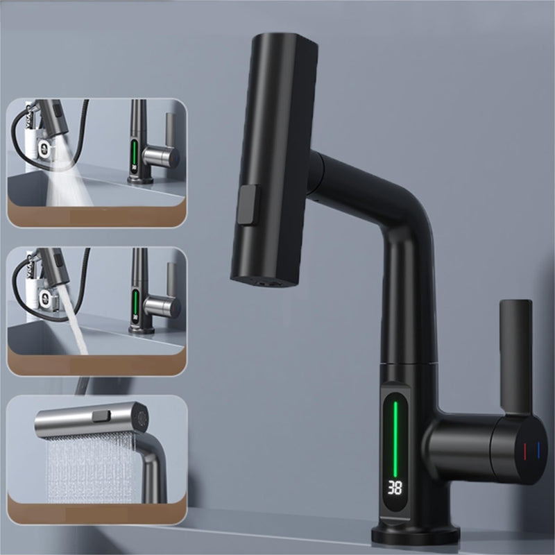 Digital Display Faucet Pull-out Basin Faucet Temperature and Rotation Head Woodneed