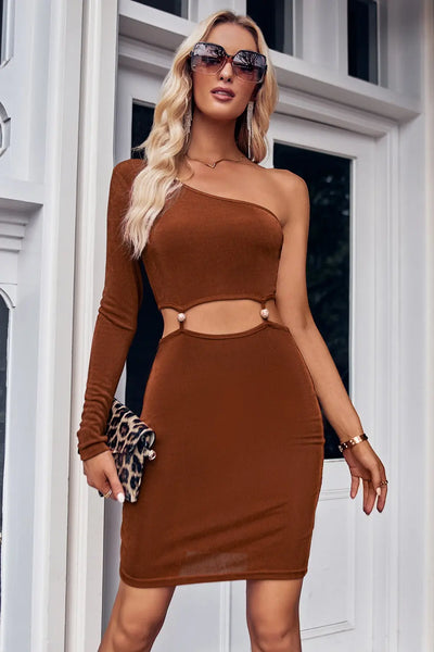 Asymmetrical Long Sleeve One Shoulder Cutout Dress Trendsi