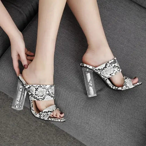 Crystal high heel snake print sandals sandals women shoes Woodneed