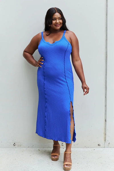 Culture Code Look At Me Full Size Notch Neck Maxi Dress with Slit in Cobalt Blue Trendsi