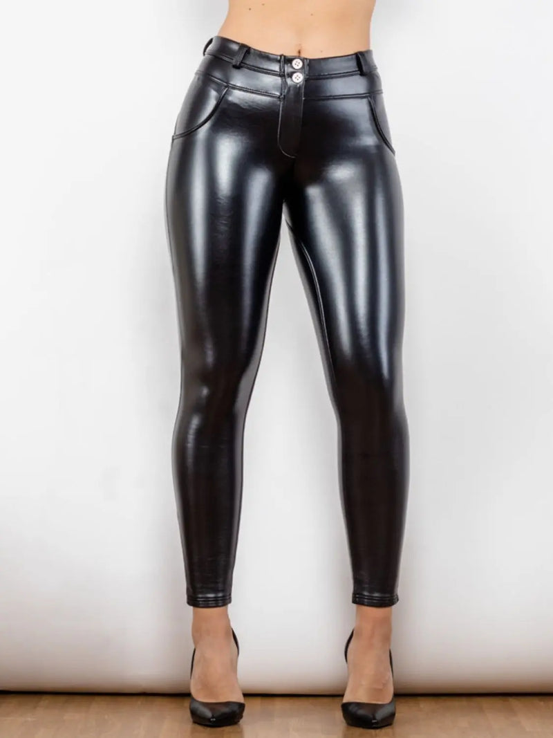 Glossy PU Leather Buttoned Long Pants Trendsi