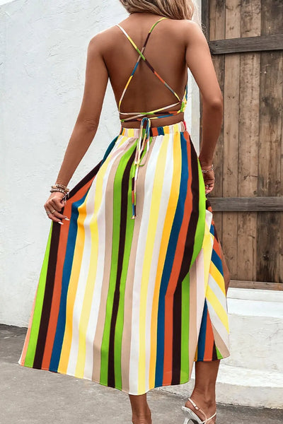Multicolored Stripe Crisscross Backless Dress Trendsi