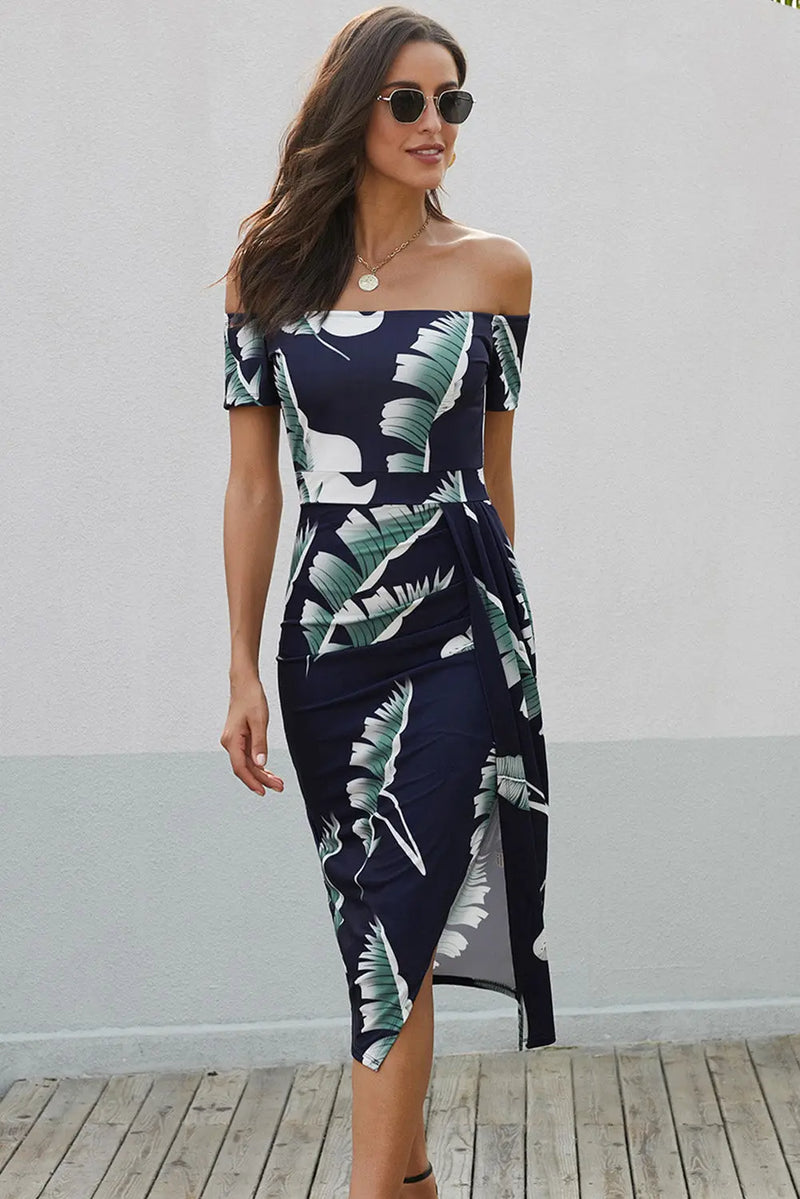 Printed Off-Shoulder Split Dress Trendsi