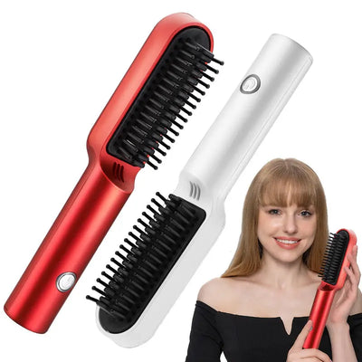 USB Portable Hot Air Comb Rechargable Professional Hair Dryer Brush 2 In1 Mini Hair Straightener Curler Brush Hair Styler Woodneed