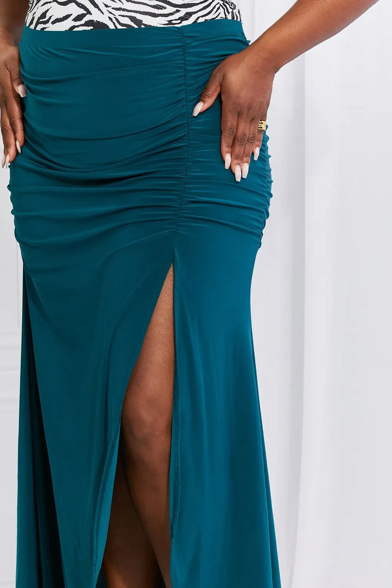 White Birch Full Size Up and Up Ruched Slit Maxi Skirt in Teal Trendsi