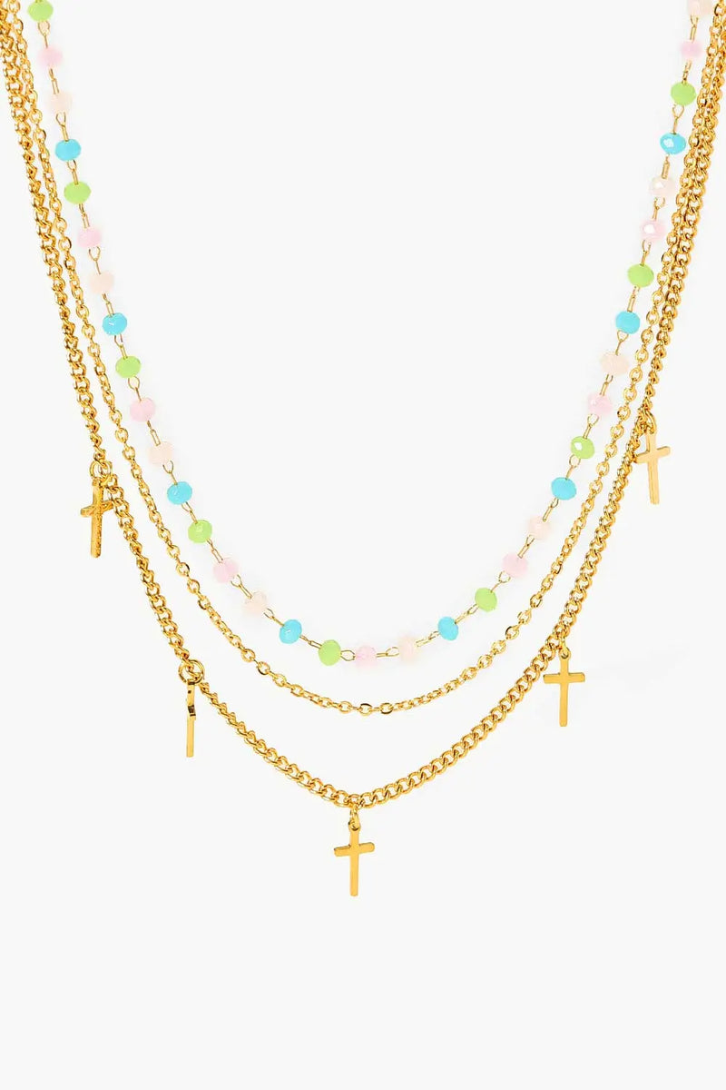 18K Gold Plated Cross Pendant Triple-Layered Necklace WOODNEED