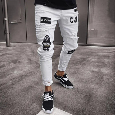 AliExpress White High-end Denim Men's Trousers Cross-border Foreign Trade Hole Trend Black Slim Jeans Men WOODNEED