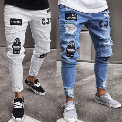 AliExpress White High-end Denim Men's Trousers Cross-border Foreign Trade Hole Trend Black Slim Jeans Men WOODNEED
