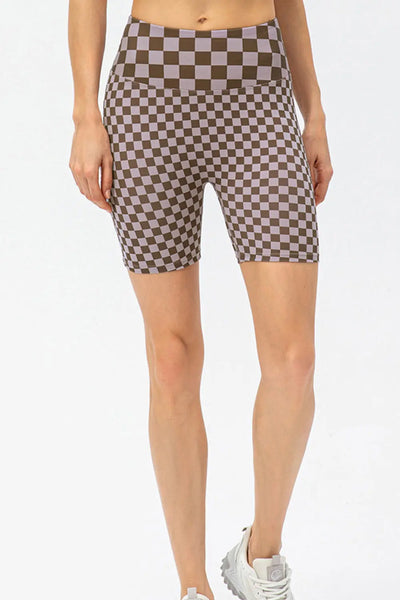 Checkerboard Exposed Seam Biker Shorts Trendsi