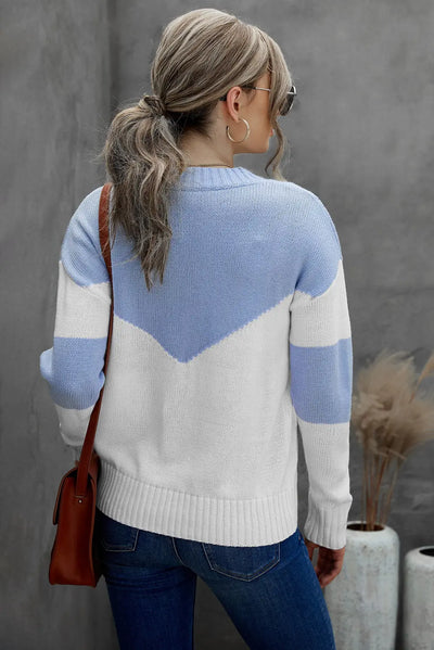Chevron Color Block V-Neck Dropped Shoulder Sweater WOODNEED