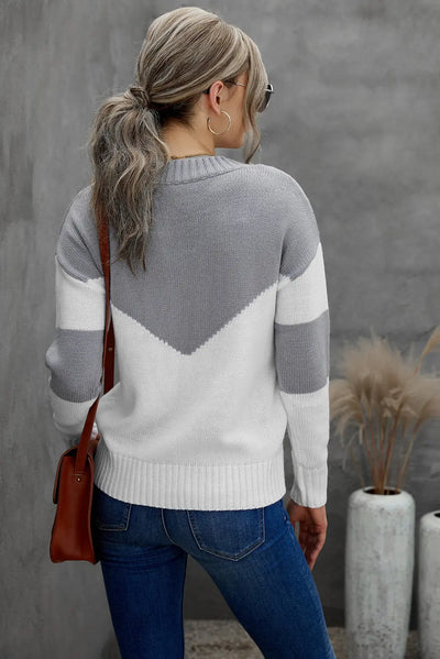 Chevron Color Block V-Neck Dropped Shoulder Sweater WOODNEED