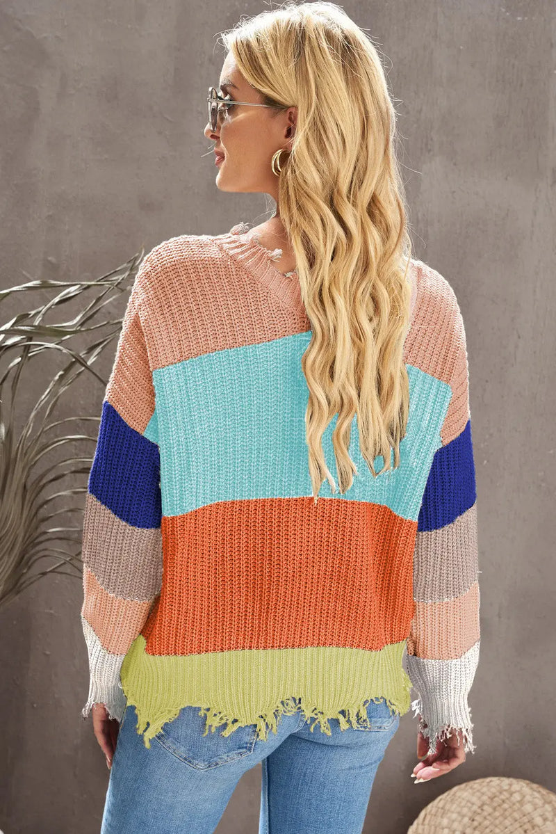 Color Block Distressed V-Neck Ribbed Sweater WOODNEED
