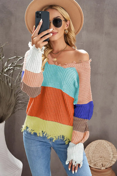 Color Block Distressed V-Neck Ribbed Sweater WOODNEED