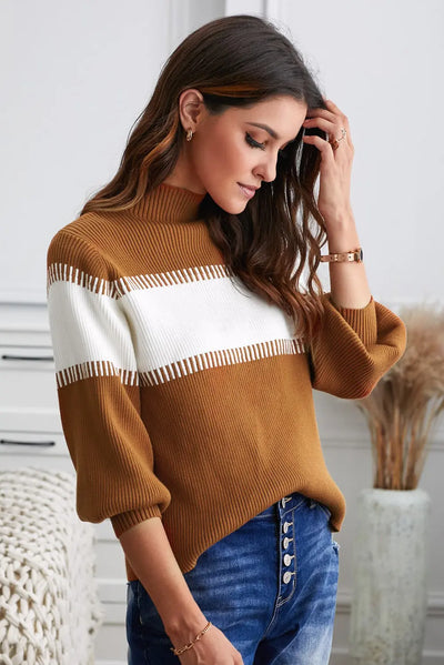 Color Block High Neck Lantern Sleeve Pullover Sweater WOODNEED