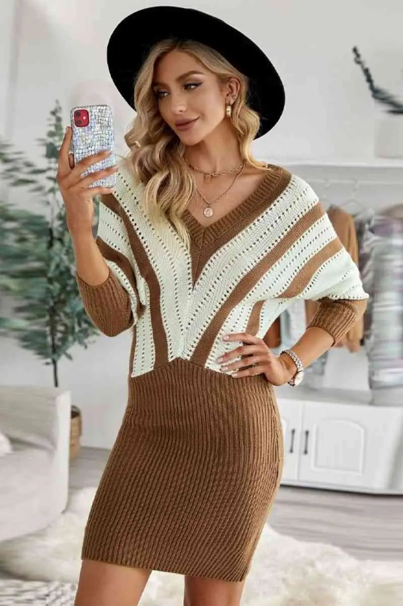 Color Block Striped Wrap Sweater Dress Trendsi