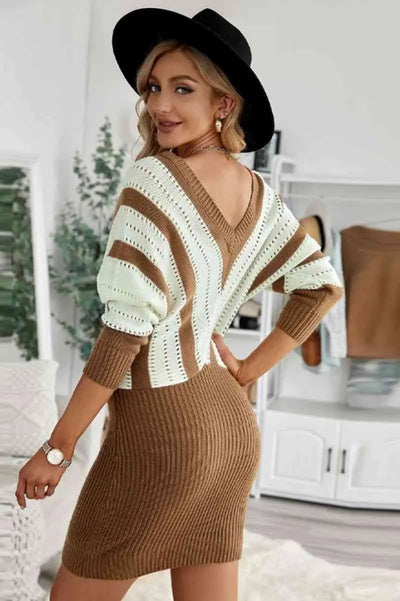 Color Block Striped Wrap Sweater Dress Trendsi