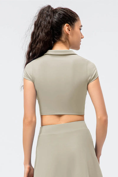 Cropped Short Sleeve Collared Yoga Top Trendsi