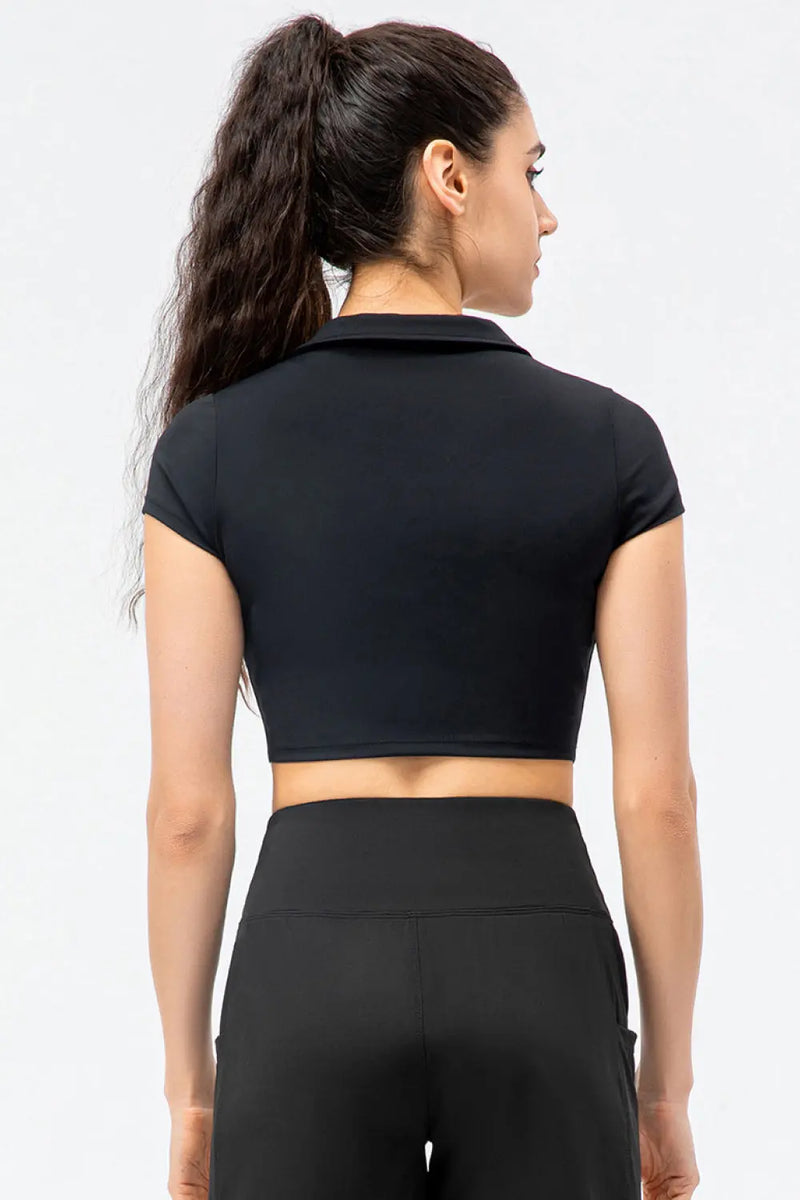 Cropped Short Sleeve Collared Yoga Top Trendsi