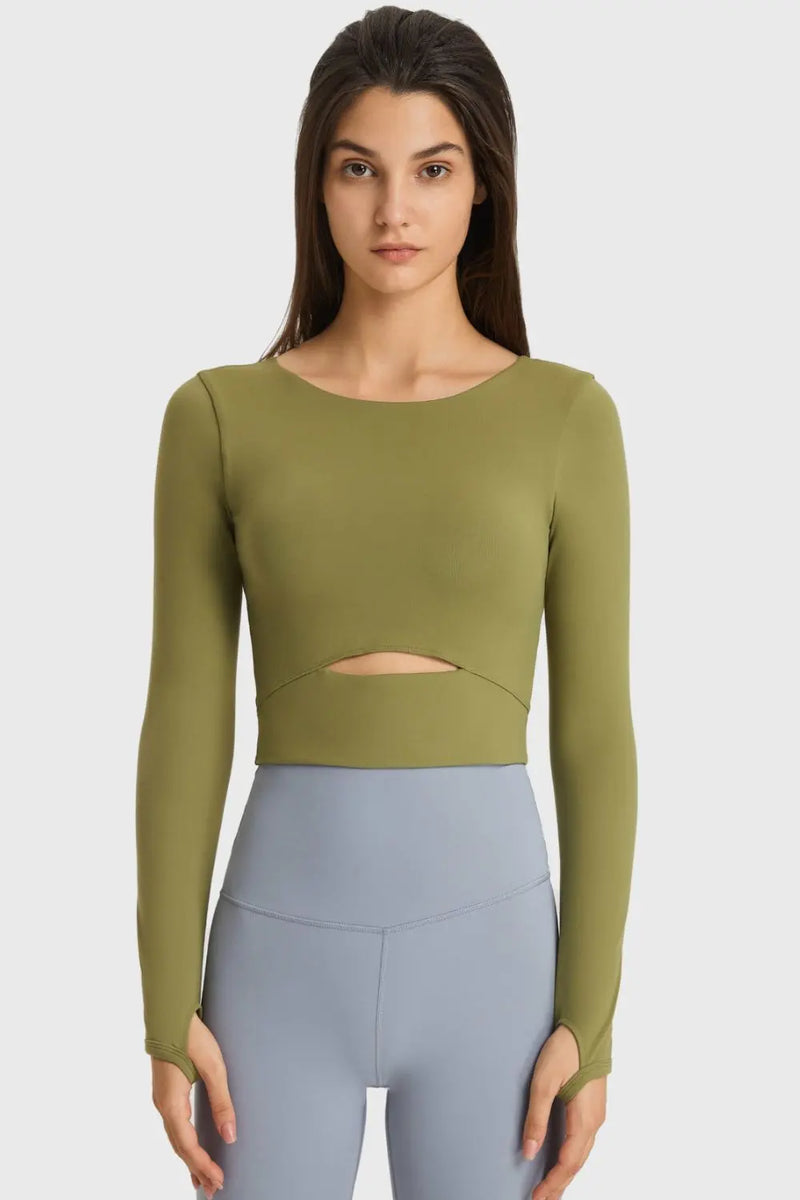 Cutout Long Sleeve Cropped Sports Top WOODNEED