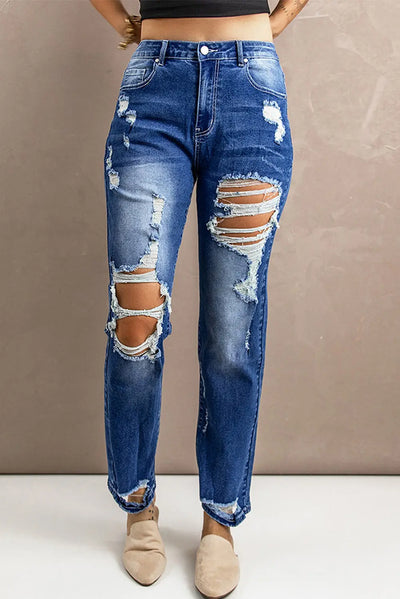 Distressed High-Rise Jeans with Pockets WOODNEED