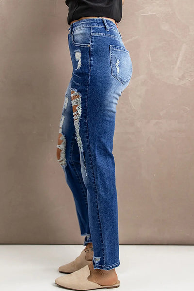 Distressed High-Rise Jeans with Pockets WOODNEED