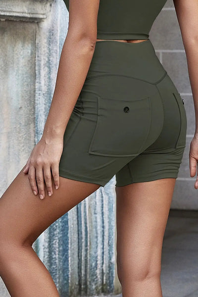 Exposed Seam Decorative Button Yoga Shorts Trendsi