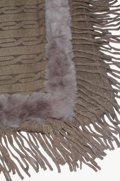 Faux Fur Trim Fringe Detail Poncho WOODNEED