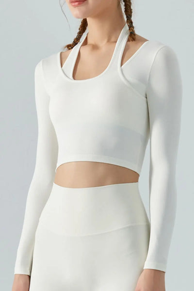 Halter Neck Long Sleeve Cropped Sports Top Trendsi