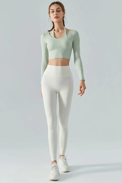 Halter Neck Long Sleeve Cropped Sports Top Trendsi
