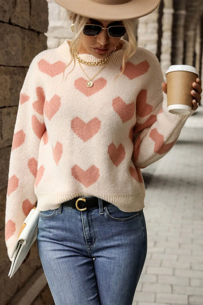Heart Pattern Dropped Shoulder Sweater Trendsi