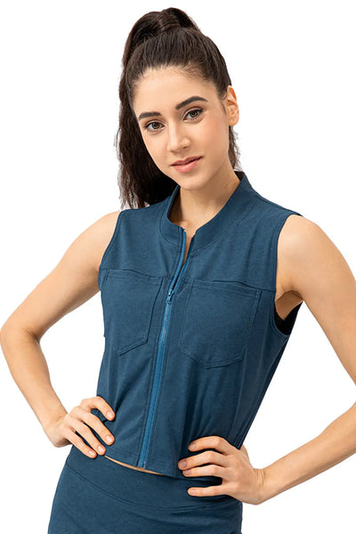 Highly Stretchy Zip Up Sports Vest with Breast Pockets Trendsi