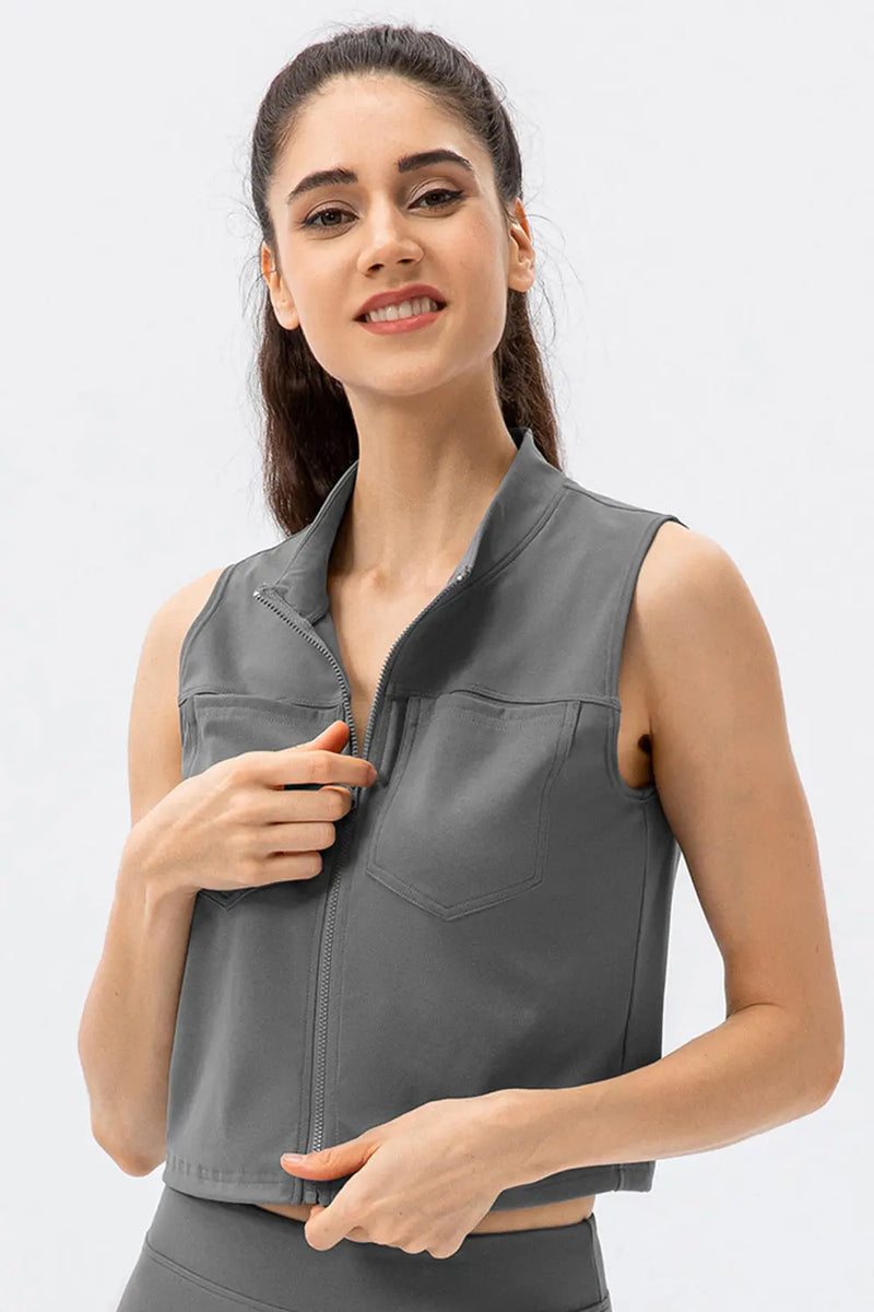 Highly Stretchy Zip Up Sports Vest with Breast Pockets Trendsi