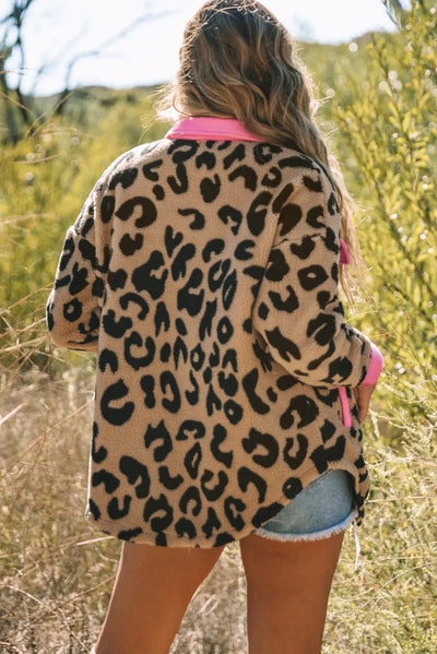 Leopard Contrast Teddy Shacket with Pockets WOODNEED