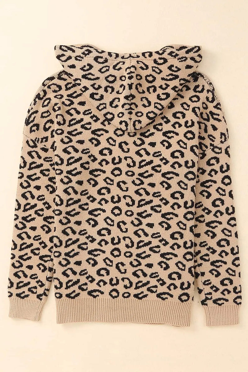 Leopard Print Drawstring Hooded Sweater Trendsi