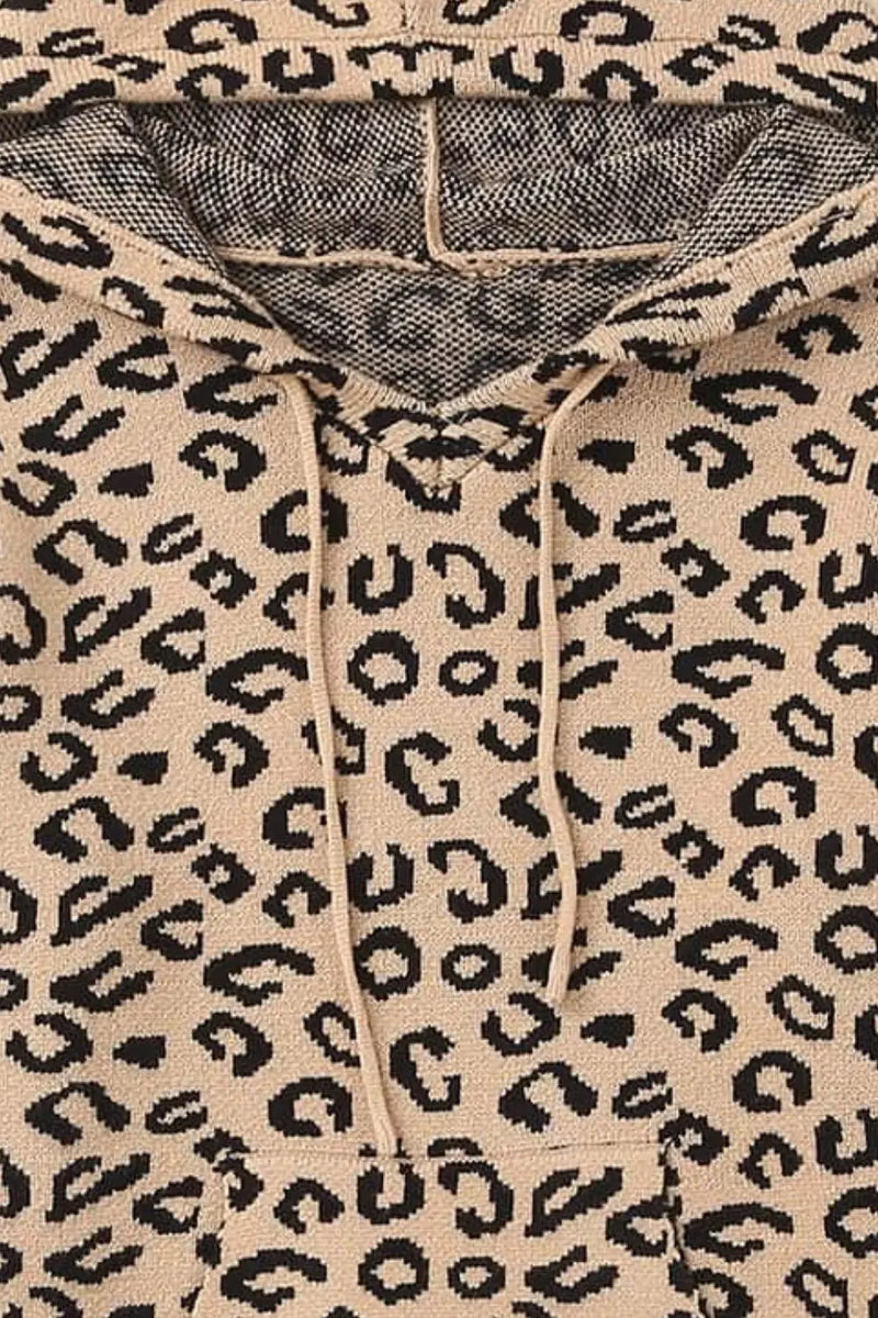 Leopard Print Drawstring Hooded Sweater Trendsi
