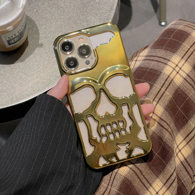 Luxury Plating 3D Skull Phone Case For I-Phone 14 Pro Max 13 12 11 Plus Breathable Glossy Hollow Out Gold Metallic Paint Woodneed