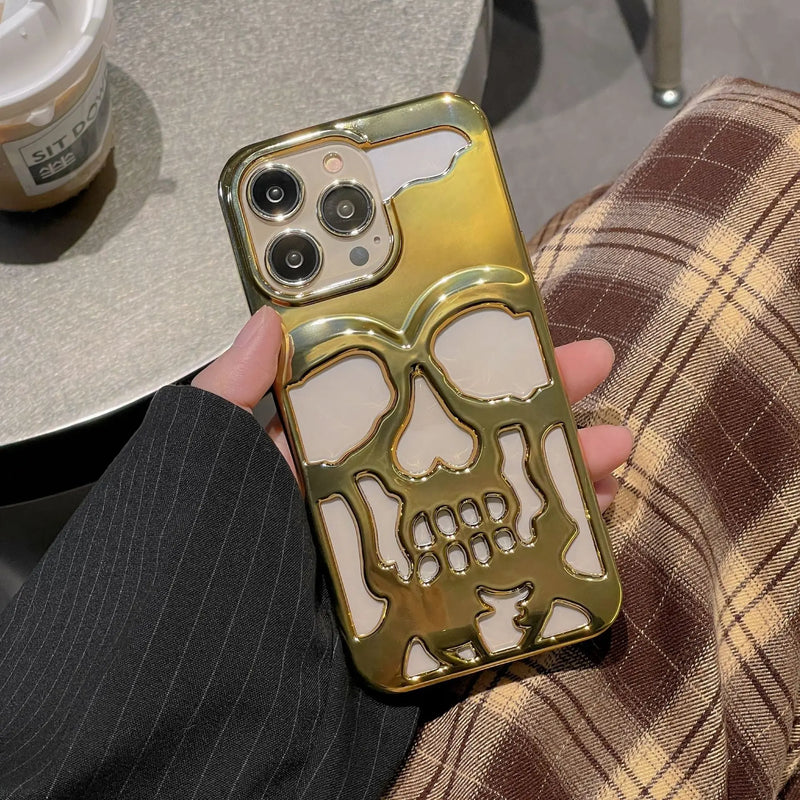 Luxury Plating 3D Skull Phone Case For I-Phone 14 Pro Max 13 12 11 Plus Breathable Glossy Hollow Out Gold Metallic Paint Woodneed