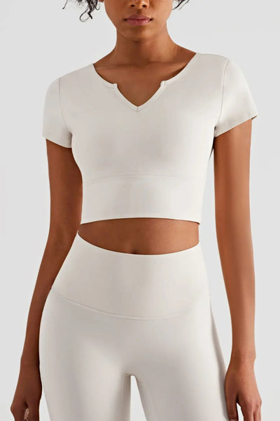 Notched Neck Short Sleeve Cropped Sports Top Trendsi