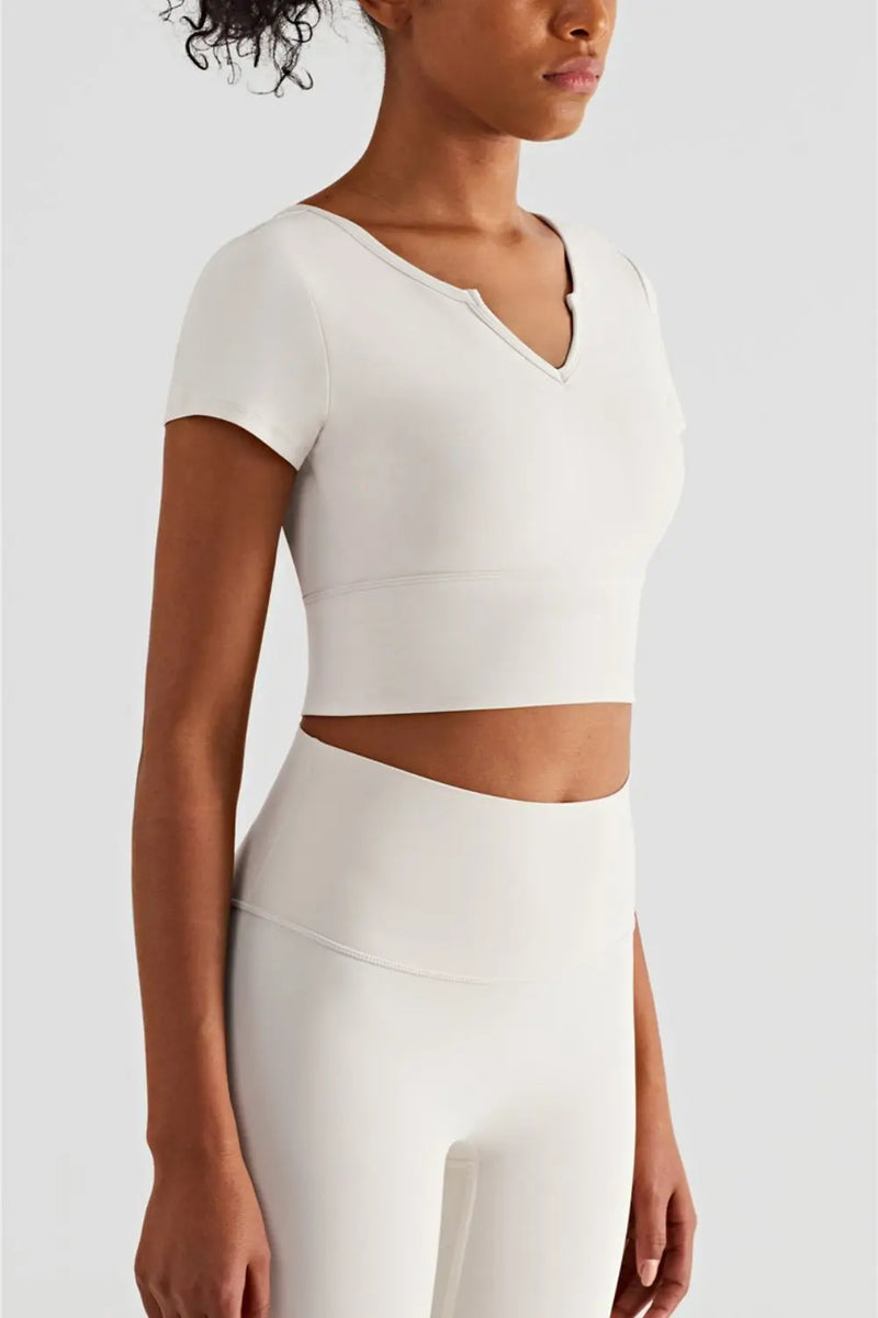 Notched Neck Short Sleeve Cropped Sports Top Trendsi