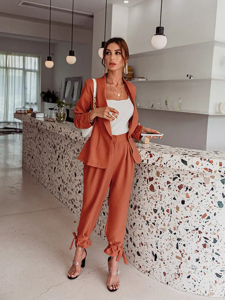One-Button Blazer and Ankle-Tie Pants Set Trendsi