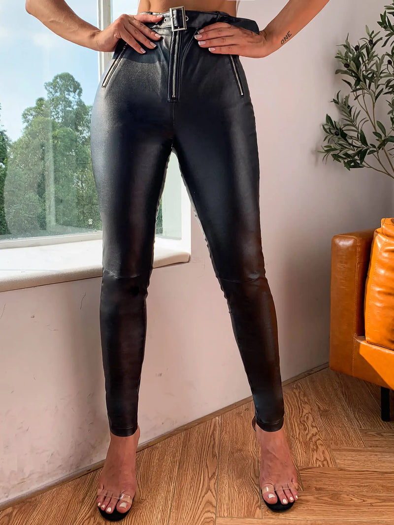 PU Leather Belted Skinny Pants Trendsi