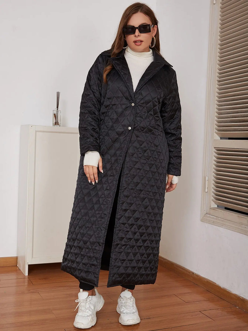 Plus Size Snap Front Lapel Collar Quilted Duster Coat Trendsi