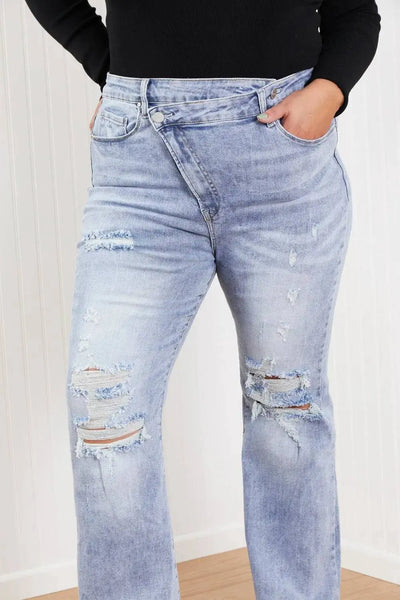 RISEN Valerie Full Size Crossover Flared Jeans WOODNEED