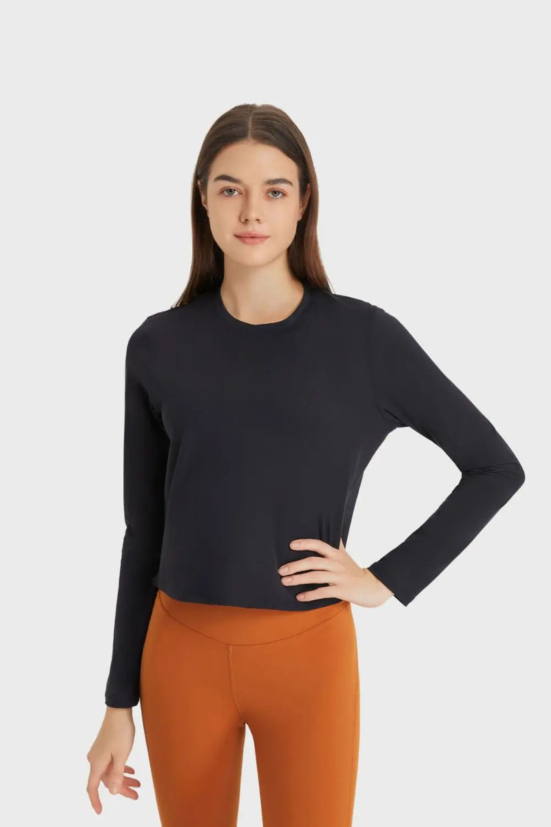Round Neck Long Sleeve Sports Top Trendsi