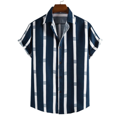 Simple Men's Short Sleeve Casual Shirt Striped Printed Shirt WOODNEED
