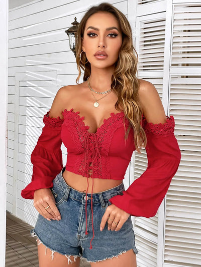 Spliced Lace Tie Front Balloon Sleeve Top Trendsi