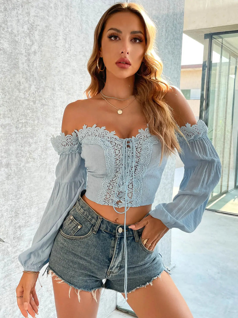 Spliced Lace Tie Front Balloon Sleeve Top Trendsi