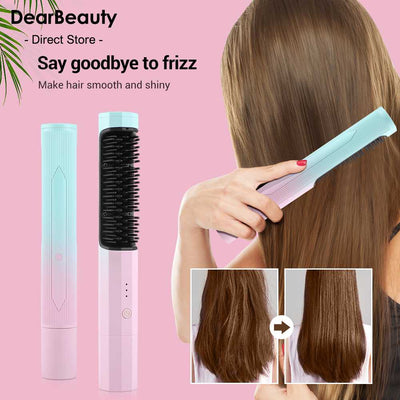 Straightening Comb Rechargeable Hair Wireless Straightener Curler Curling Straighten Dual-purpose Travel Portable USB Charging Woodneed