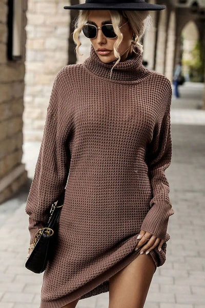 Turtleneck Dropped Shoulder Mini Sweater Dress Trendsi